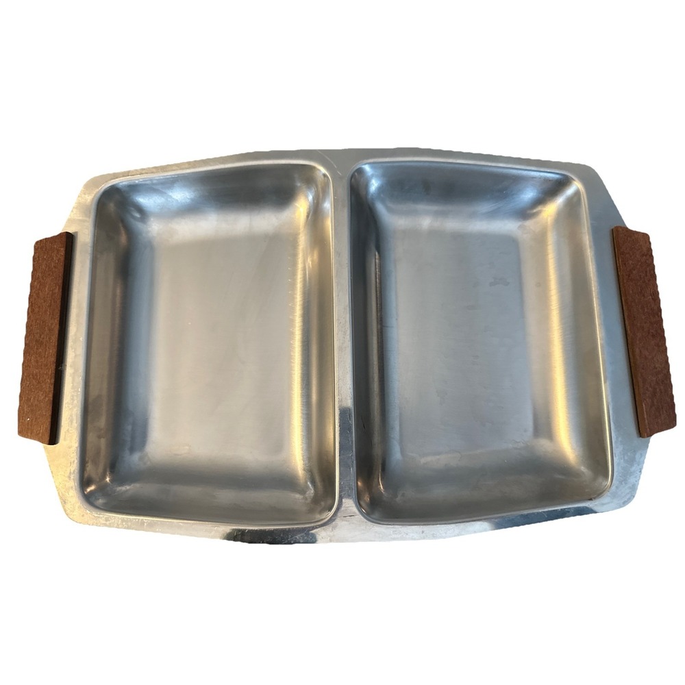 MCM  Stainless Steel Wood Handle Double Serving Tray Mid Century Modern